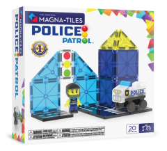 Klocki magnetyczne z niebieskimi elementami, figurką policjanta i radiowozem, dla dziecka. Magna-Tiles Klocki Magnetyczne Police Patrol 20el
