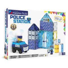 Klocki magnetyczne z posterunkiem policji, niebieskim radiowozem i figurkami, dla dziecka. Magna-Tiles Klocki Magnetyczne Police Station 35el