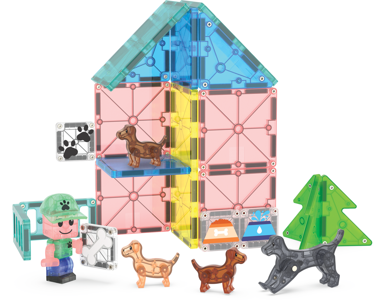 Klocki magnetyczne z figurką psa i elementami parku dla dzieci w pastelowych kolorach. Magna-Tiles Klocki Magnetyczne Puppy Park 27el