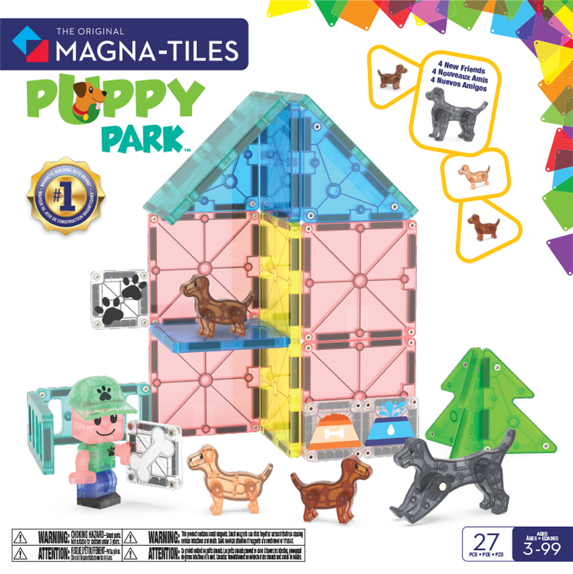 Klocki magnetyczne z elementami parku dla psów, kolorowe płytki, figurki piesków i postać, dla dziecka. Magna-Tiles Klocki Magnetyczne Puppy Park 27el