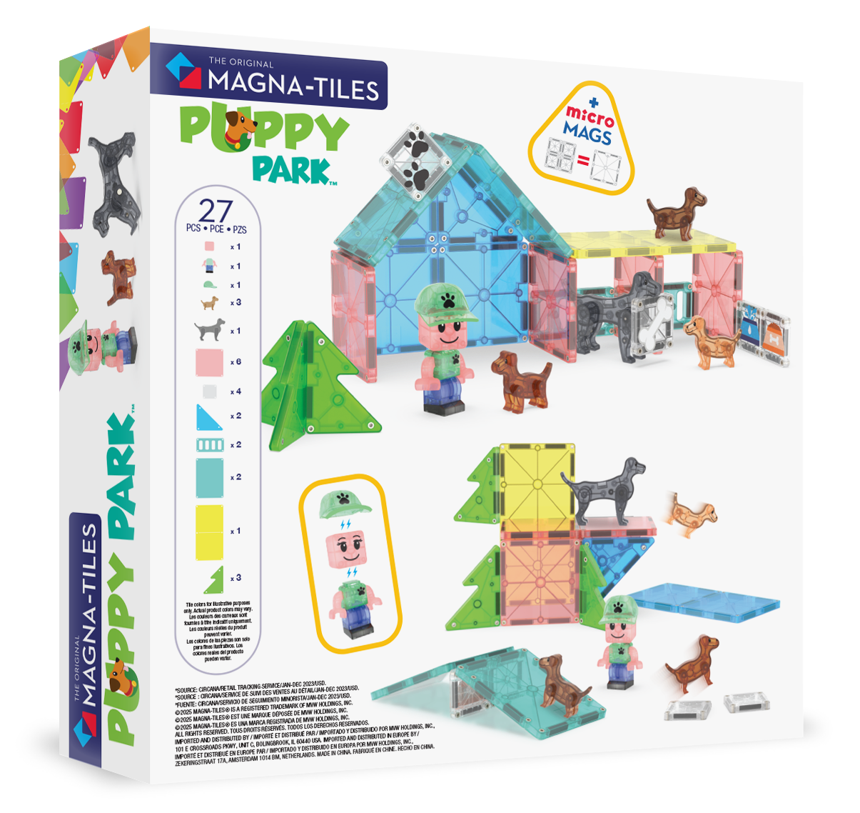 Klocki magnetyczne z figurkami piesków i elementami parku w kolorach niebieskim zielonym żółtym i różowym dla dziecka. Magna-Tiles Klocki Magnetyczne Puppy Park 27el
