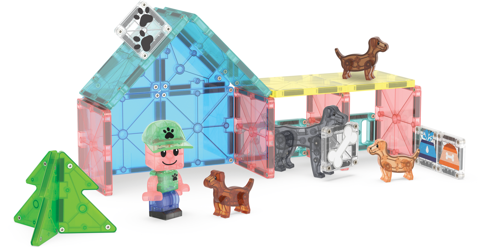 Kolorowe klocki magnetyczne z figurkami piesków i budynkiem dla dzieci. Magna-Tiles Klocki Magnetyczne Puppy Park 27el