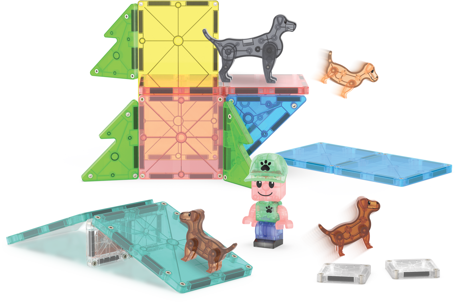 Kolorowe klocki magnetyczne z figurkami piesków i postacią dla dziecka. Magna-Tiles Klocki Magnetyczne Puppy Park 27el