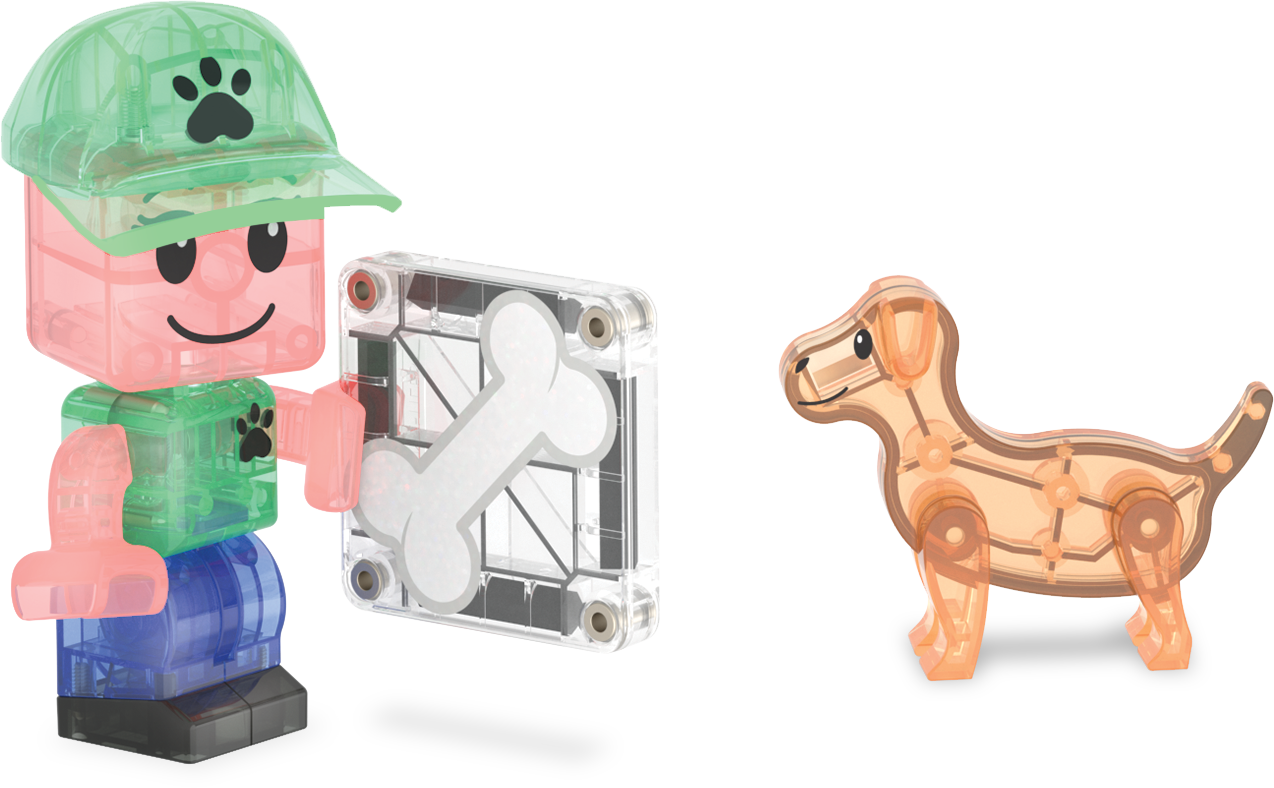 Klocki magnetyczne z figurką psa i przezroczystym kwadratem dla dziecka. Magna-Tiles Klocki Magnetyczne Puppy Park 27el