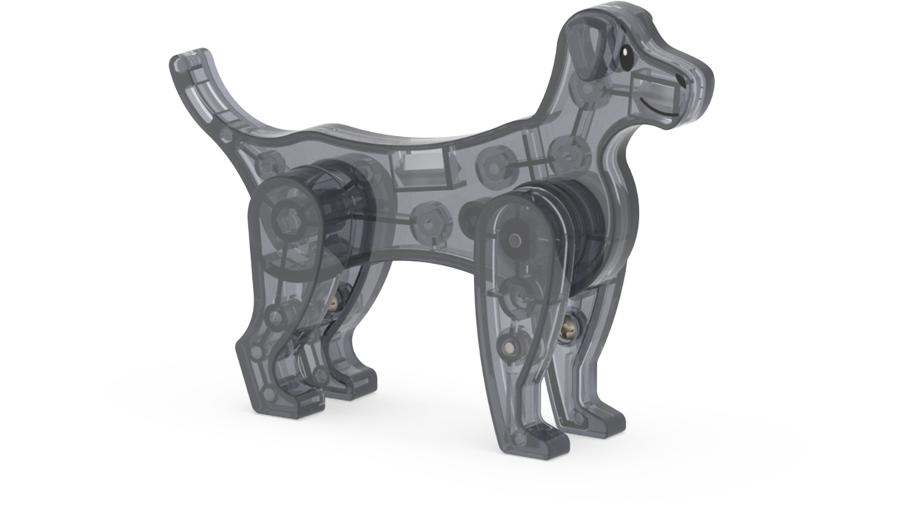 Magnetyczny pies z przezroczystych szarych elementów z klocków magnetycznych. Magna-Tiles Klocki Magnetyczne Puppy Park 27el