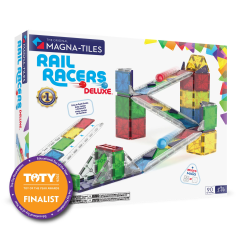 Zestaw klocków magnetycznych z torami i kulkami w kolorach czerwonym, zielonym, żółtym i niebieskim. Magna-Tiles Klocki Magnetyczne Rail Racers XL 90el