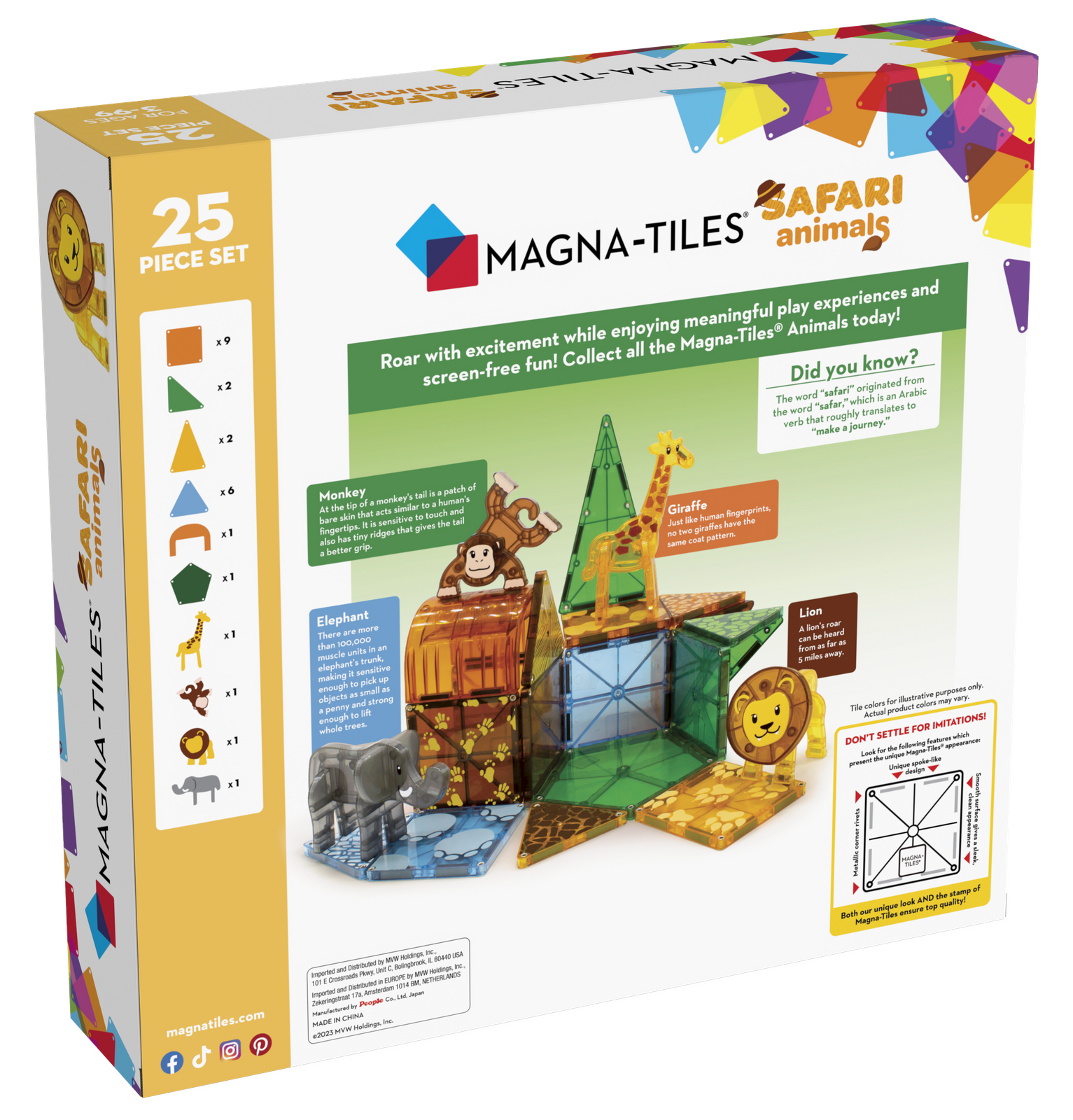 Pudełko z klockami magnetycznymi safari animals 25 elementów z ilustracją lwa żyrafy i innych zwierząt safari. Magna-Tiles Klocki Magnetyczne Safari Animals 25el