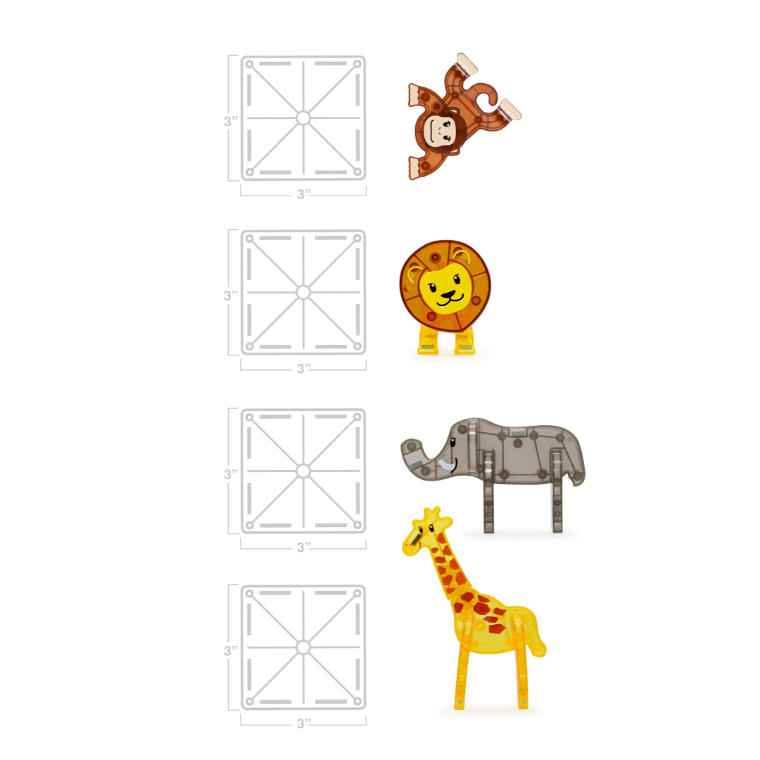 Klocki magnetyczne z motywem safari zwierzęta lew słoń żyrafa i małpka dla dzieci. Magna-Tiles Klocki Magnetyczne Safari Animals 25el