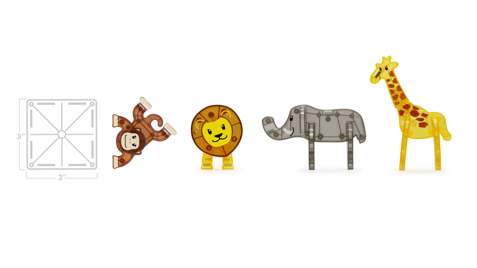 Klocki magnetyczne safari z figurkami małpy lwa słonia i żyrafy dla dziecka. Magna-Tiles Klocki Magnetyczne Safari Animals 25el