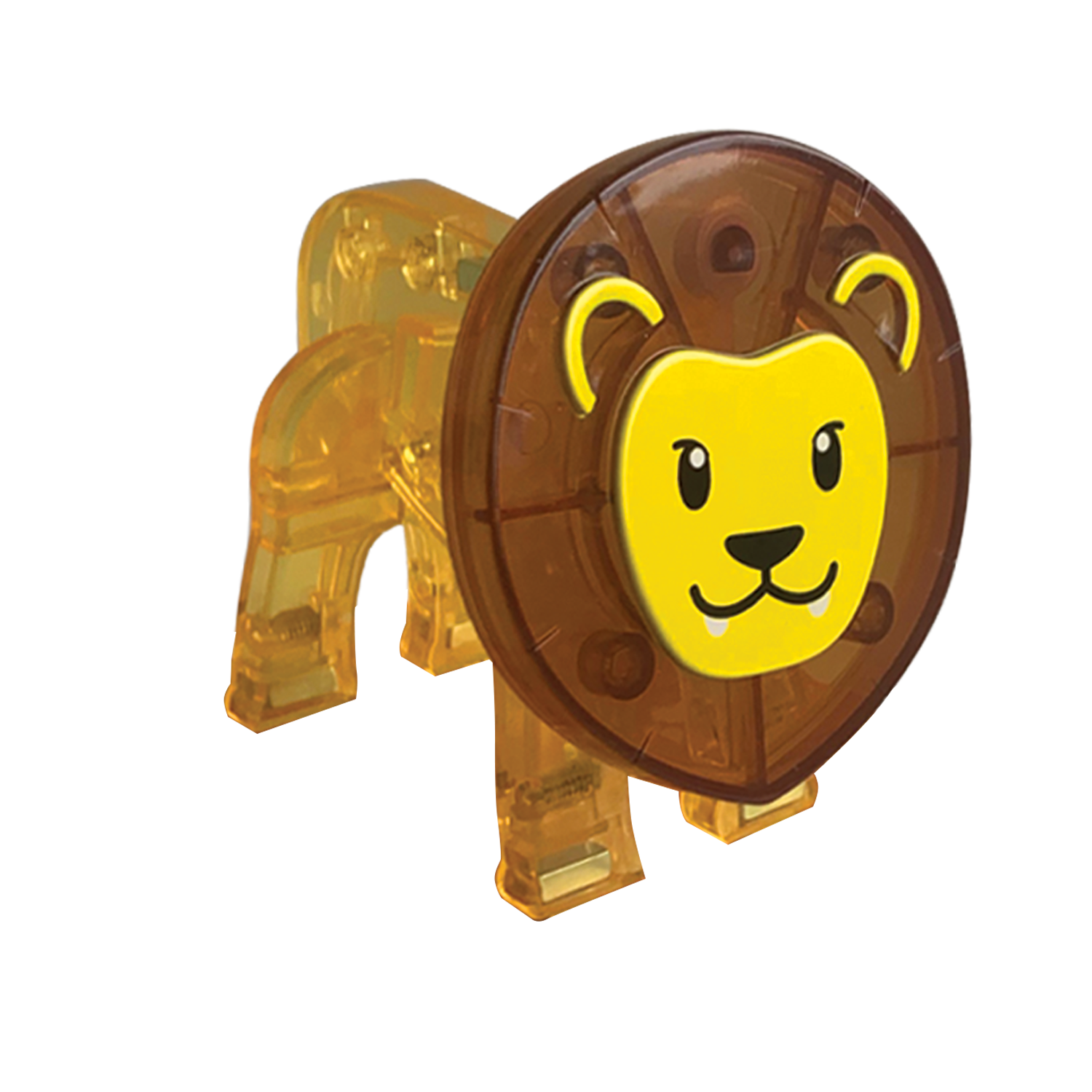 Przezroczysty magnetyczny klocek w kształcie lwa z brązową grzywą i żółtą twarzą. Magna-Tiles Klocki Magnetyczne Safari Animals 25el