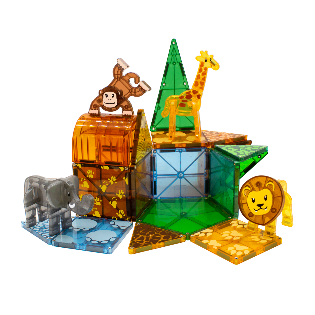 Kolorowe klocki magnetyczne z figurkami zwierząt safari dla dziecka. Magna-Tiles Klocki Magnetyczne Safari Animals 25el