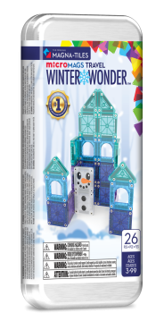 Zestaw klocków magnetycznych dla dzieci w białym pojemniku z zimowym wzorem i budowlą z bałwankiem, 26 elementów. Magna-Tiles Klocki Magnetyczne Travel Winter Wonder 26el