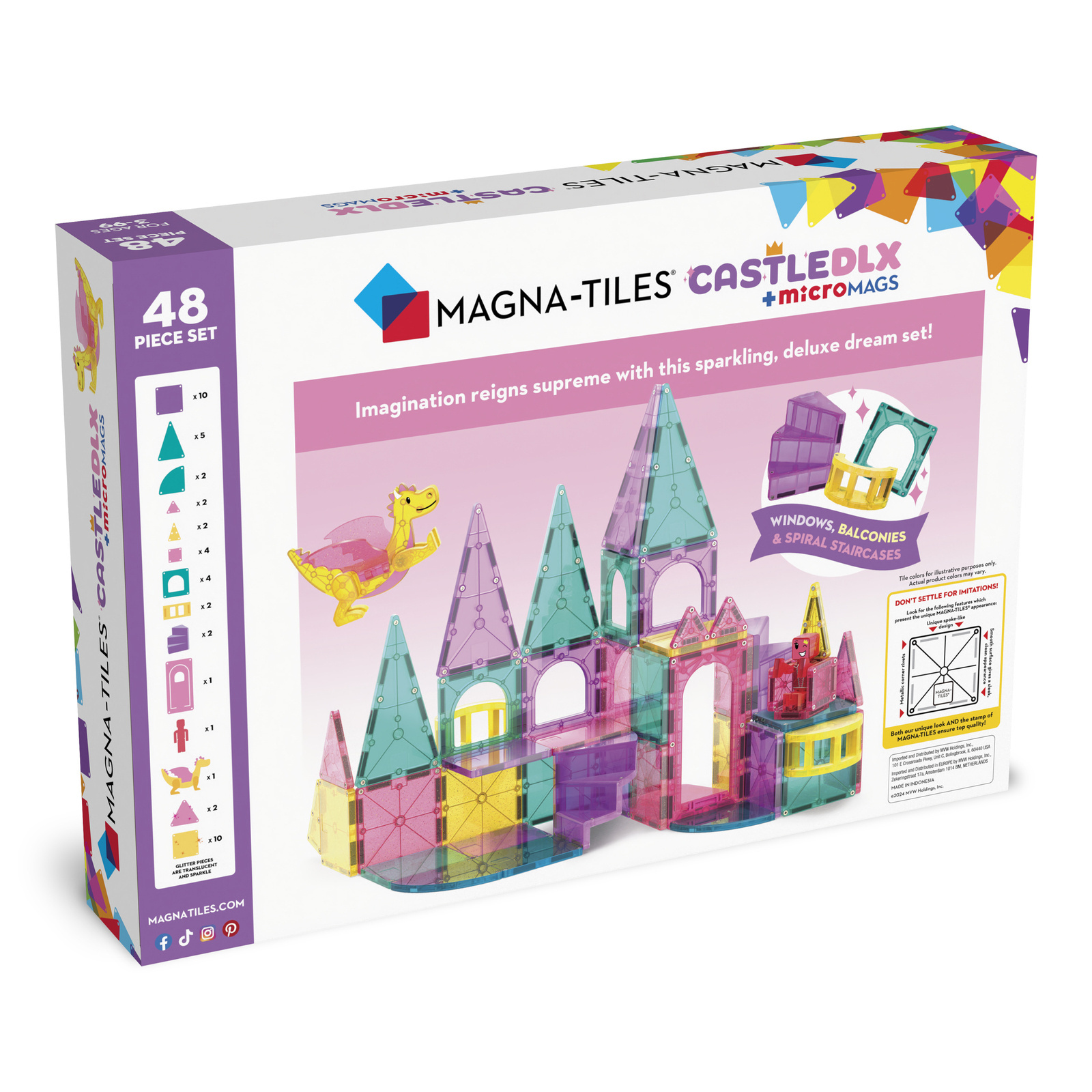 Kolorowe magnetyczne klocki konstrukcyjne z elementami zamku 48 elementów. Magna-Tiles Klocki Magnetyczne Zamek DLX 48el