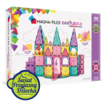Kolorowe magnetyczne klocki zbudowane w kształt zamku z wieżami i oknami, dla dzieci. Magna-Tiles Klocki Magnetyczne Zamek DLX 48el