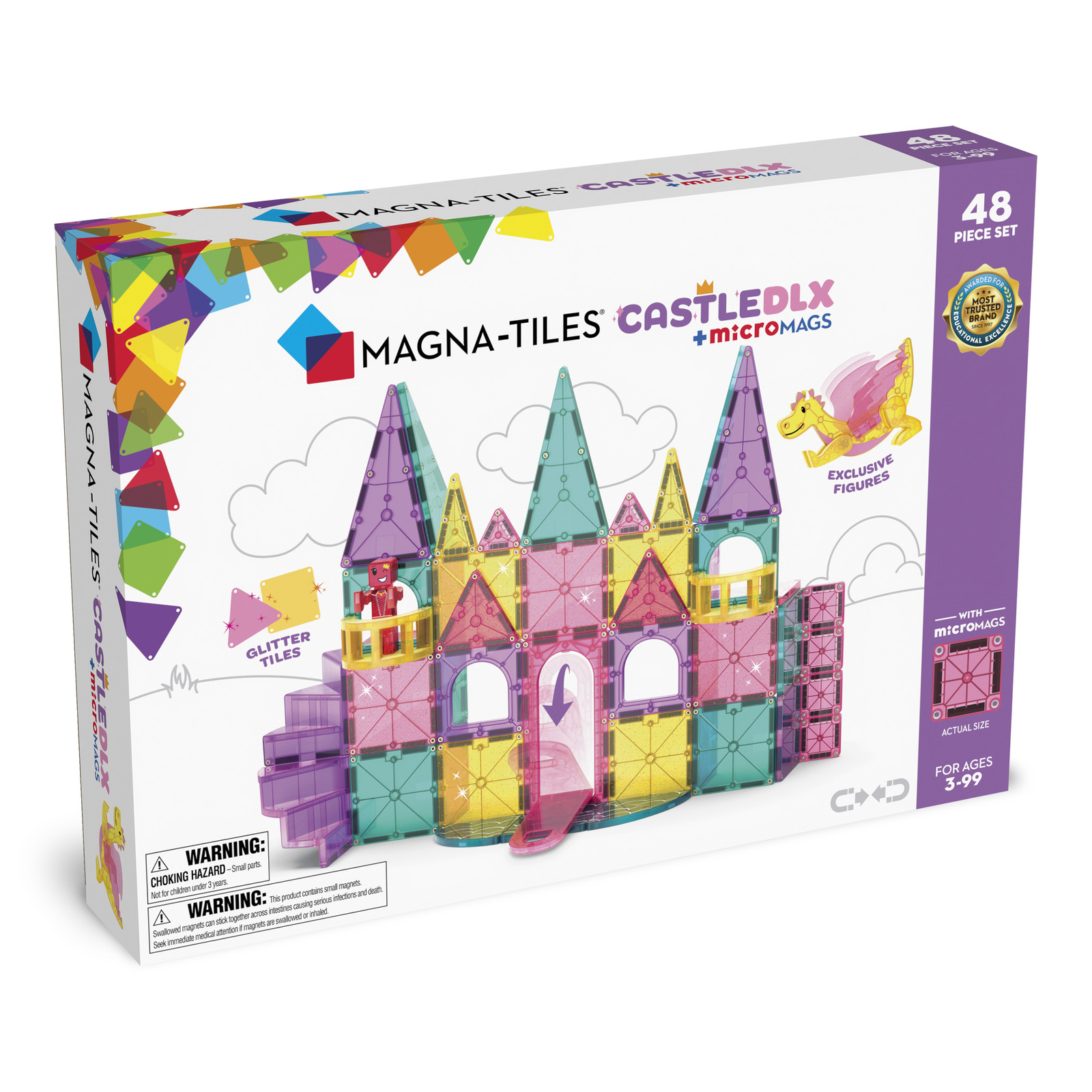 Pudełko z klockami magnetycznymi do budowy zamku w pastelowych kolorach 48 elementów. Magna-Tiles Klocki Magnetyczne Zamek DLX 48el