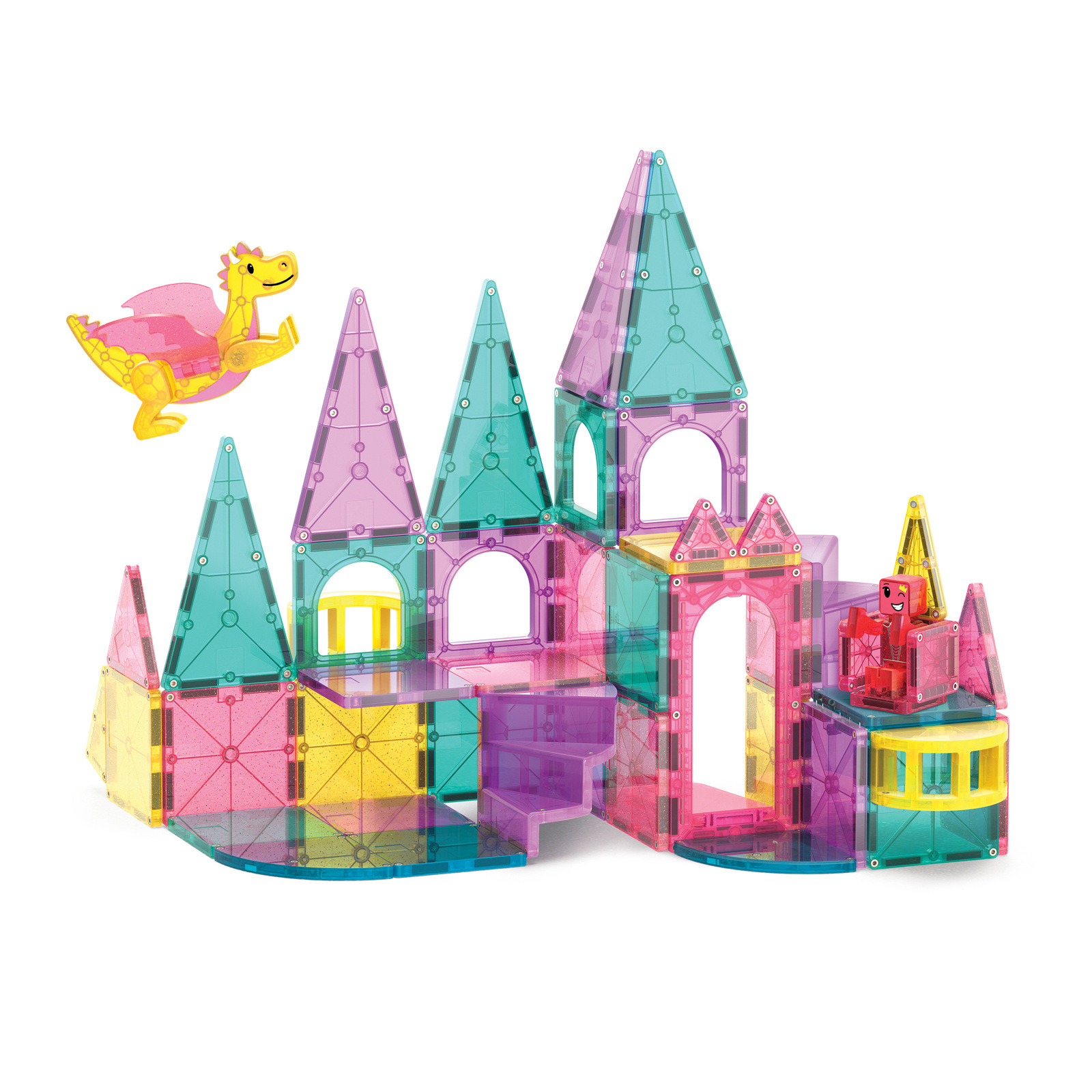 Kolorowy zamek z magnetycznych klocków z wieżami, oknami i łukowymi wejściami. Magna-Tiles Klocki Magnetyczne Zamek DLX 48el