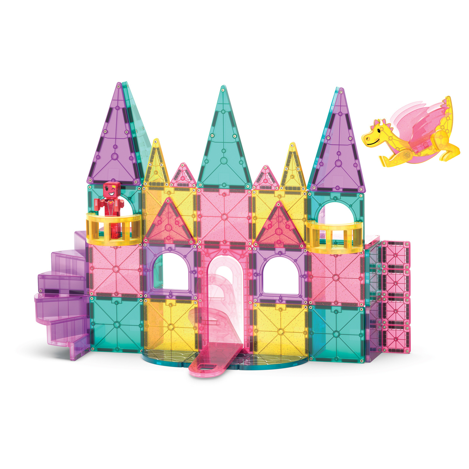Kolorowy zamek z klocków magnetycznych z wieżami, oknami i różowym smokiem dla dziecka. Magna-Tiles Klocki Magnetyczne Zamek DLX 48el