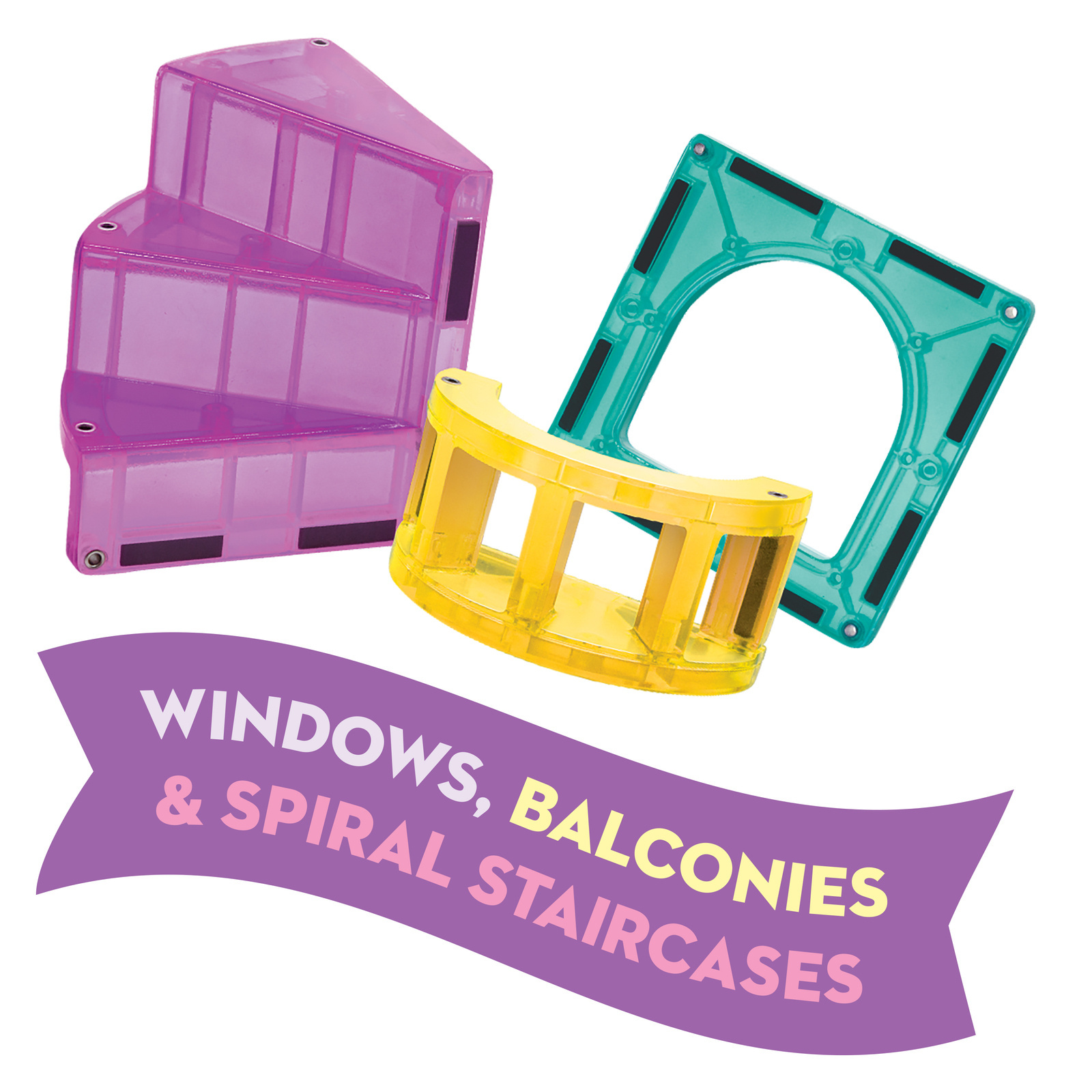 Kolorowe magnetyczne klocki z elementami okien, balkonu i spiralnych schodów dla dziecka. Magna-Tiles Klocki Magnetyczne Zamek DLX 48el