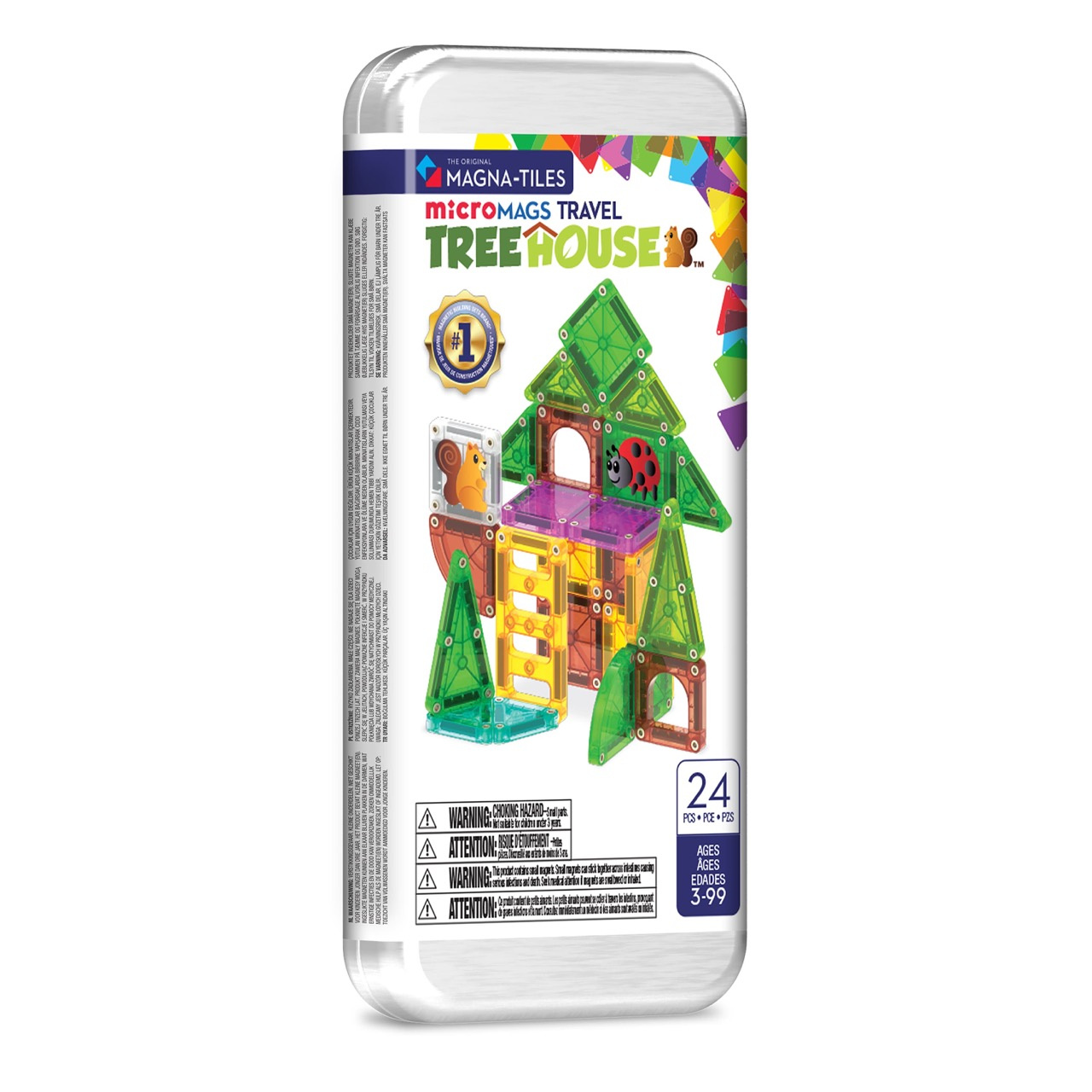 Zestaw magnetycznych klocków z domkiem na drzewie 24 elementy w przezroczystym etui. Magna-Tiles Klocki Magnetyczne microMAGS Treehouse Travel 24el