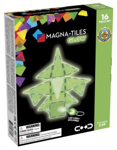 Pudełko klocków magnetycznych Magna Tiles Glow 16 elementów z zieloną gwiazdą świecącą w ciemności. Magna-Tiles Klocki magnetyczne Glow 16el