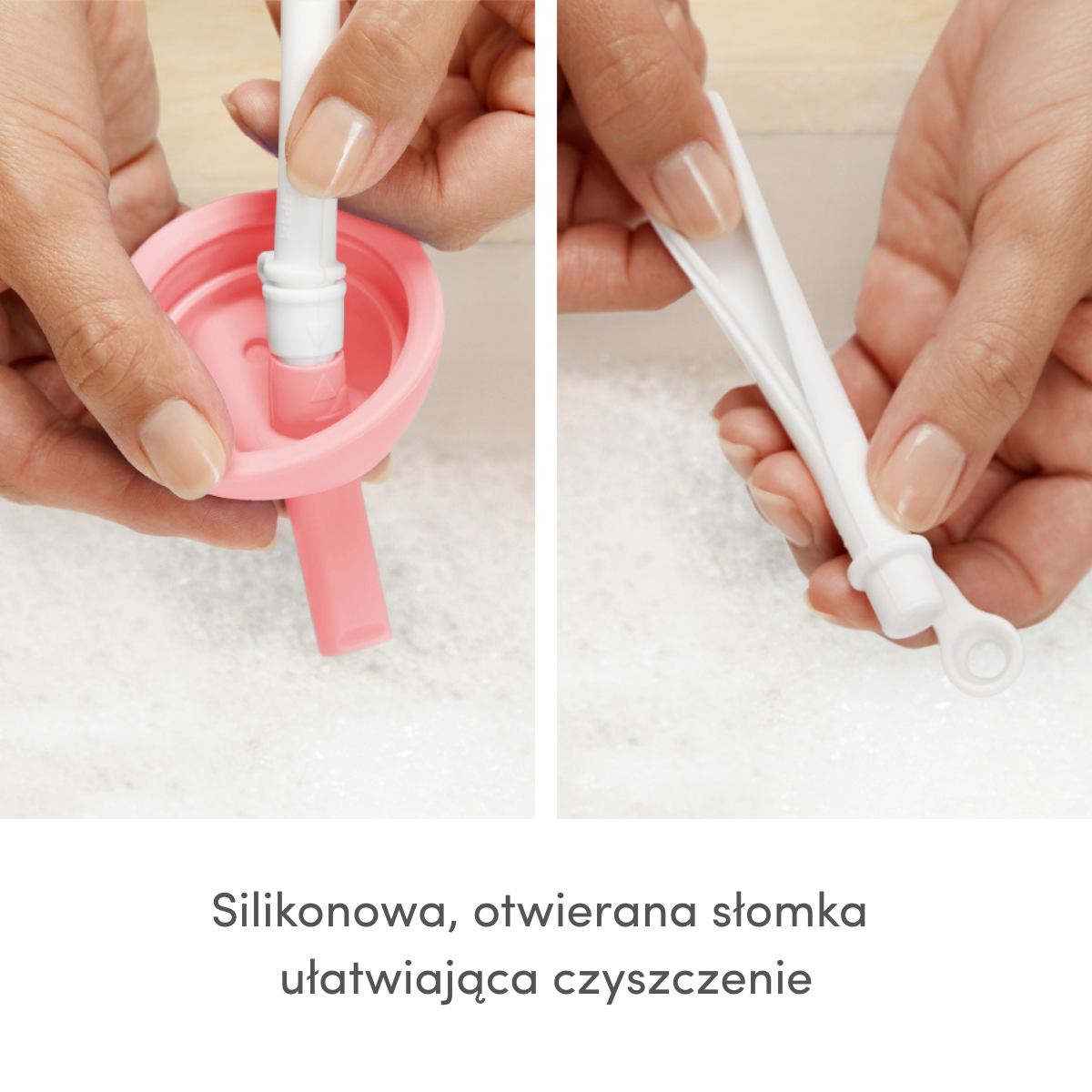 Różowy kubek niekapek ze słomką otwieraną do czyszczenia, z silikonu. munchkin Kubek niekapek z otwieraną słomką różowy 296 ml