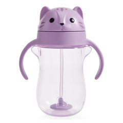 Fioletowy kubek niekapek ze słomką z uchwytami i główką kotka dla dziecka. munchkin Kubek niekapek ze słomką kotek 296ml