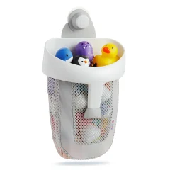 Organizer do zabawek kąpielowych z siateczkowym koszem i uchwytem do zawieszenia, biały i szary, z zabawkami dla dziecka. munchkin Organizer do zabawek kąpielowych