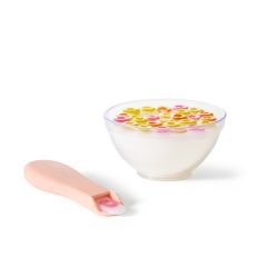 Miseczka z płatkami śniadaniowymi i łyżeczka dla lalki, biała miska i różowa łyżeczka. Tiny Harlow Tiny Tummies Magiczna miseczka i łyżeczka Płatki śniadaniowe