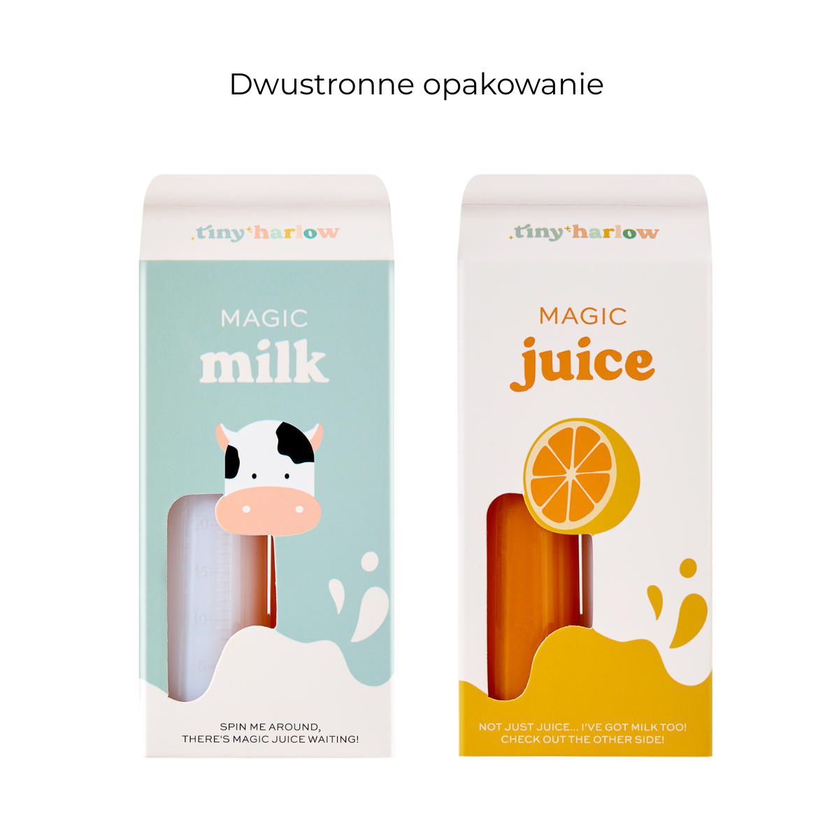 Dwie buteleczki dla lalki mleko i sok w białym i pomarańczowym kolorze z nadrukiem krowy i pomarańczy. Tiny Harlow Zestaw Magicznych Buteleczek – Mleczko i Soczek