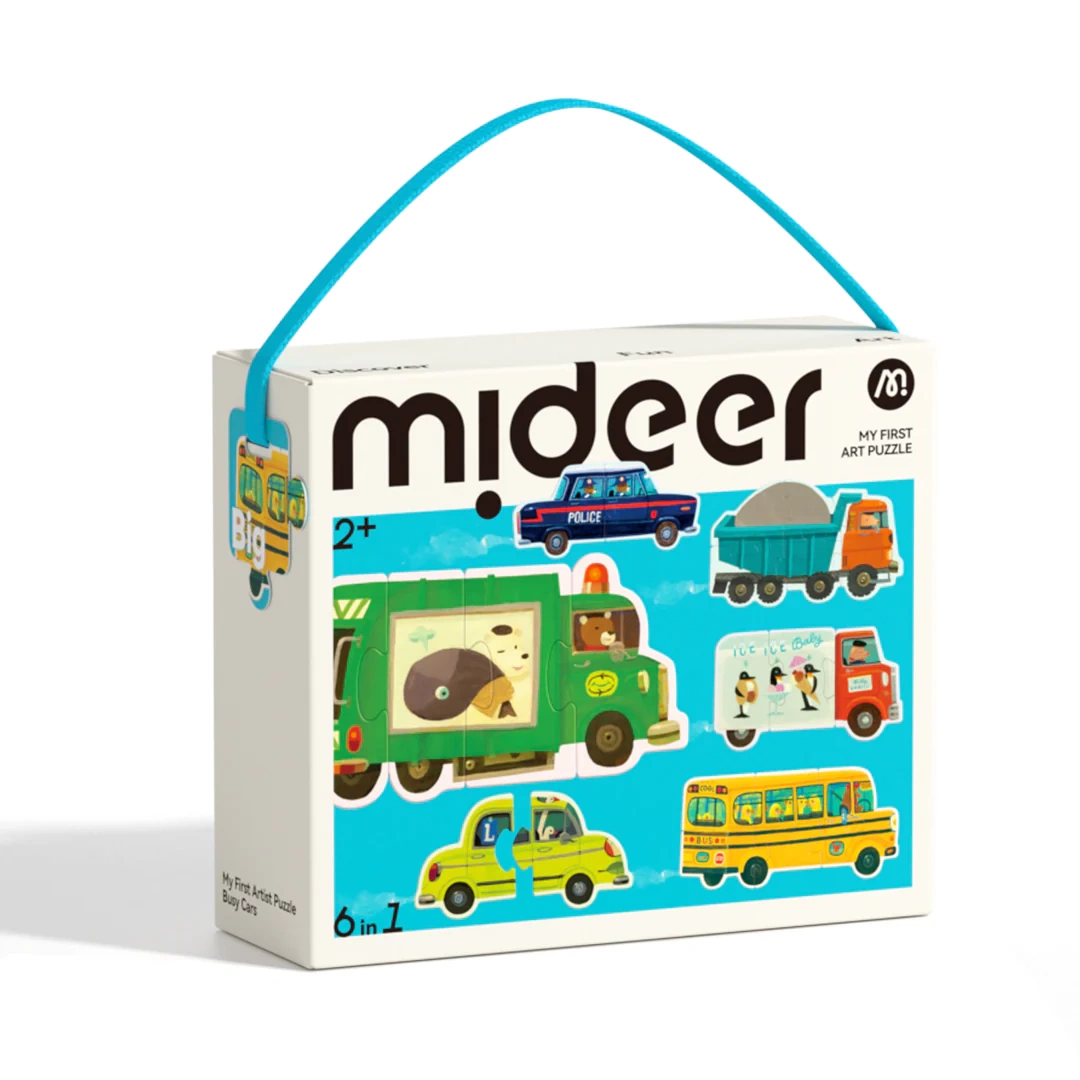Pudełko z puzzlami progresywnymi dla dzieci z ilustracjami pojazdów i uchwytem do przenoszenia. mideer Moje pierwsze puzzle Transport 6w1 MD1458