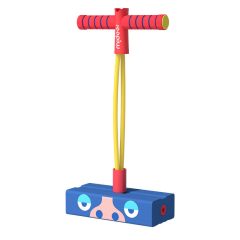 Kolorowy skoczek pogo dla dziecka z czerwonym uchwytem, żółtymi linkami i niebieską podstawą z wzorem twarzy zwierząt. mideer Skoczek Pogo z dżwiękiem