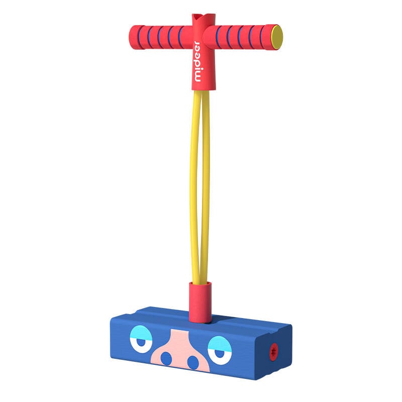 Kolorowy skoczek pogo dla dziecka z czerwonym uchwytem, żółtymi linkami i niebieską podstawą z wzorem twarzy zwierząt. mideer Skoczek Pogo z dżwiękiem