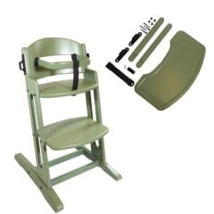 Zielone drewniane krzesełko do karmienia dla dziecka z tacką i pasami bezpieczeństwa. BabyDan krzesełko do karmienia DanChair +tacka DanTray ZESTAW soft green