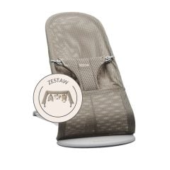 Leżaczek dla niemowlaka z siateczkowym szarym siedziskiem i jasną ramą. Babybjorn leżaczek BLISS MESH Szary Beż