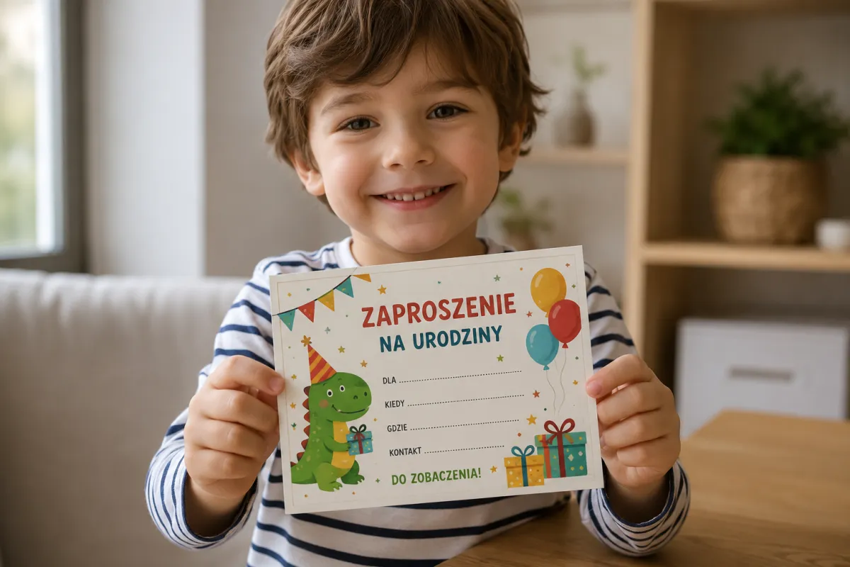 Chłopiec trzyma kolorowe zaproszenie na urodziny z balonami i prezentami przy stole