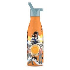 Pomarańczowa butelka termiczna dla dziecka z niebieską zakrętką i ilustracją muzyków. Cool Bottles Butelka termiczna Kids 350ml Music Beat