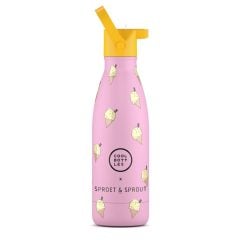 Różowa butelka termiczna dla dziecka z żółtą zakrętką i wzorem lodów na patyku 350 ml. Cool Bottles Butelka termiczna Kids 350ml SPRT& Pink Scoop
