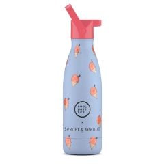 Niebieska butelka termiczna dla dziecka z różową zakrętką i słomką oraz wzorem rybek. Cool Bottles Butelka termiczna Kids 350ml SPRT& Blue Scoop