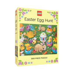 Puzzle 500 elementów z wielkanocną sceną, pisankami, kwiatami i figurkami zwierząt oraz postaciami z klocków LEGO. LEGO Puzzle Easter Egg Hunt 500el