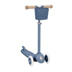 Trójkołowa hulajnoga dziecięca w kolorze granatowym z koszykiem z przodu. Banwood Hulajnoga ECO z koszykiem Pin & Ride Deep Sea