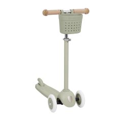 Zielona hulajnoga trójkołowa dla dziecka z koszykiem i drewnianymi uchwytami. Banwood Hulajnoga ECO z koszykiem Pin & Ride Olive