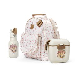 Dziecięcy plecak w jasnoróżowe wzory z butelką na wodę i kr. Elodie Details Plecak BackPack MINI Petit River Rose +Butelka na wodę +Lunchbox Rosy Bow Leo ZESTAW