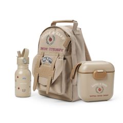 Beżowy plecak dziecięcy z butelką na wodę i lunchboxem w zestawie. Elodie Details Plecak BackPack MINI +Butelka na wodę +Lunchbox Learn & Grow ZESTAW