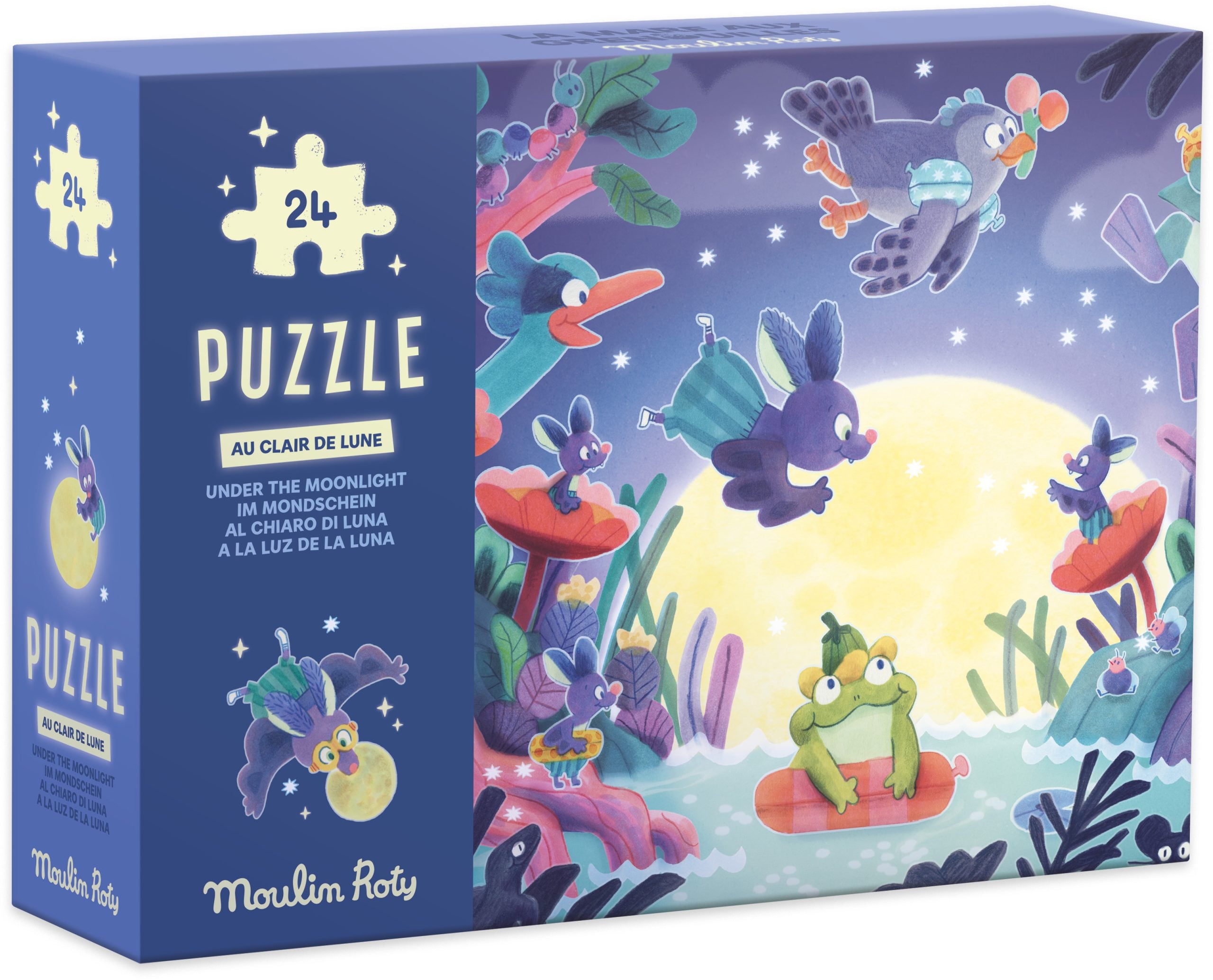 Puzzle 24-elementowe z ilustracją żab, królików i ptaków nad stawem w świetle księżyca, świecące w ciemności