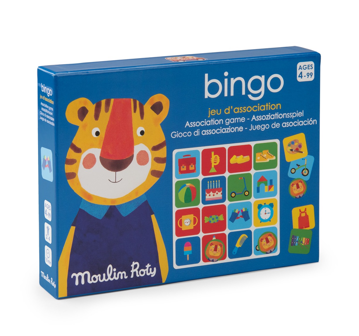 Gra bingo dla dzieci z planszami i kolorowymi obrazkami przedstawiającymi przedmioty codziennego użytku