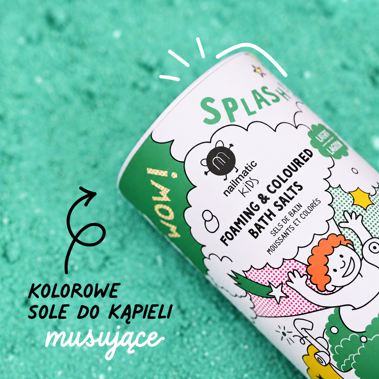 Zielona pieniąca sól do kąpieli dla dzieci w tubie z kolorową ilustracją dziecka i napisem Splash