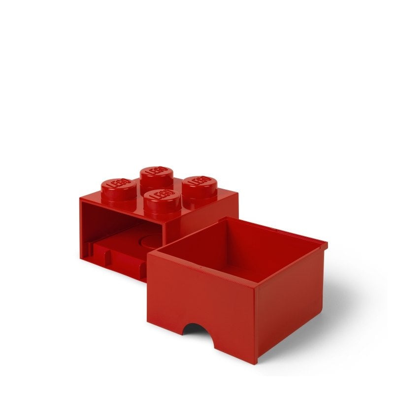 Czerwony pojemnik z wysuwaną szufladą w kształcie klocka LEGO z czterema wypustkami na górze