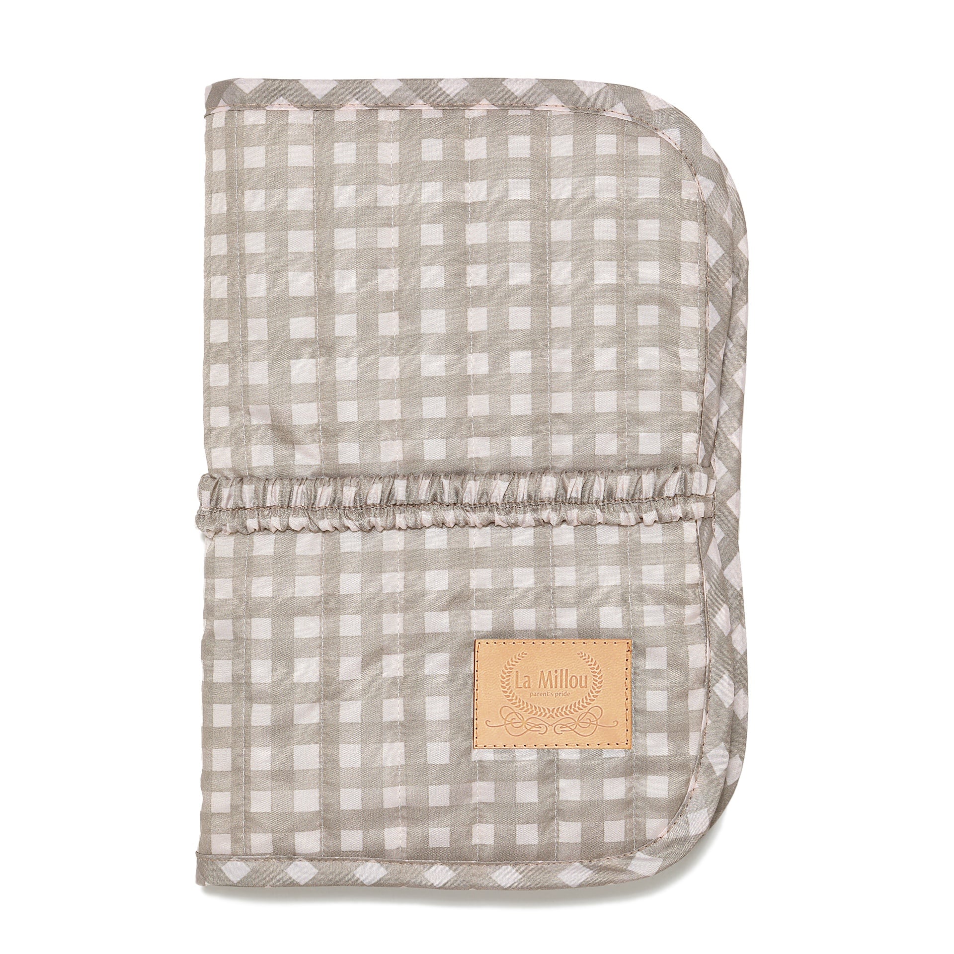 Pikowane etui na pieluchy w beżowo białą kratkę gingham z ozdobną lamówką