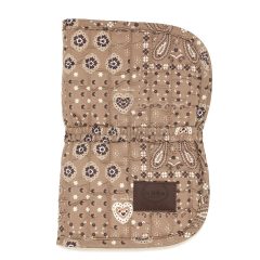 Pikowane etui na pieluchy w brązowym kolorze, z kwiatowym i paisley wzorem oraz dwiema przegrodami na akcesoria dla dziecka