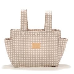 Beżowy pikowany organizer do wózka w kratkę gingham, z dwoma uchwytami i bocznymi kieszeniami na butelkę